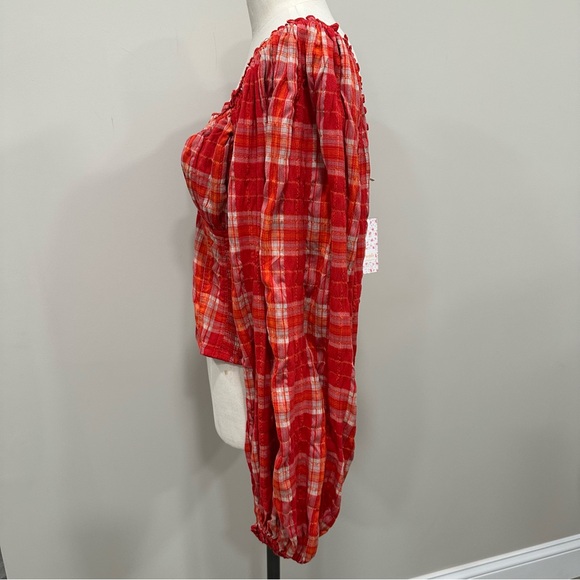 FREE PEOPLE Cherry Bomb Madrass Plaid Top in Red Hot Size Large New - Picture 4 of 14
